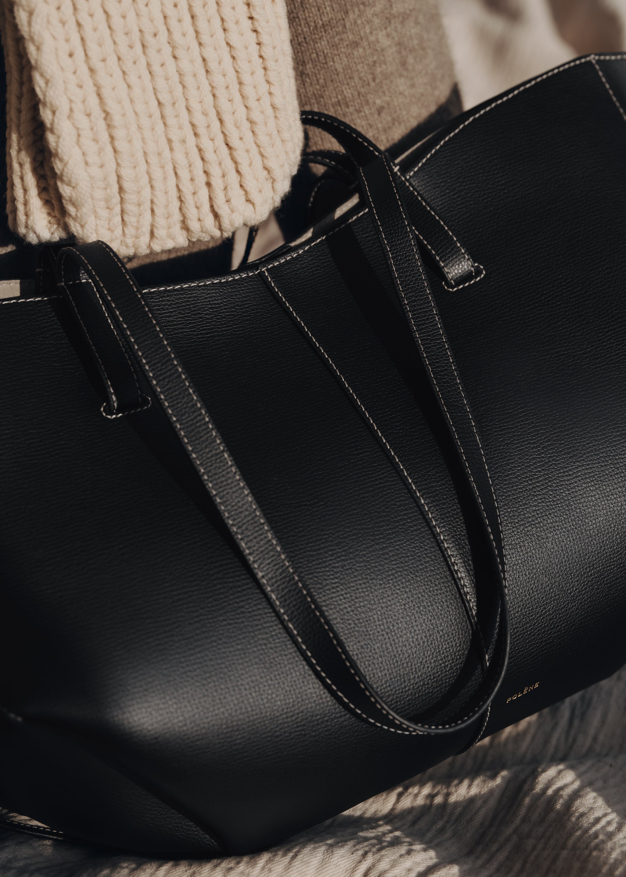 Polene Cyme Textured Black with Ecru Stitching