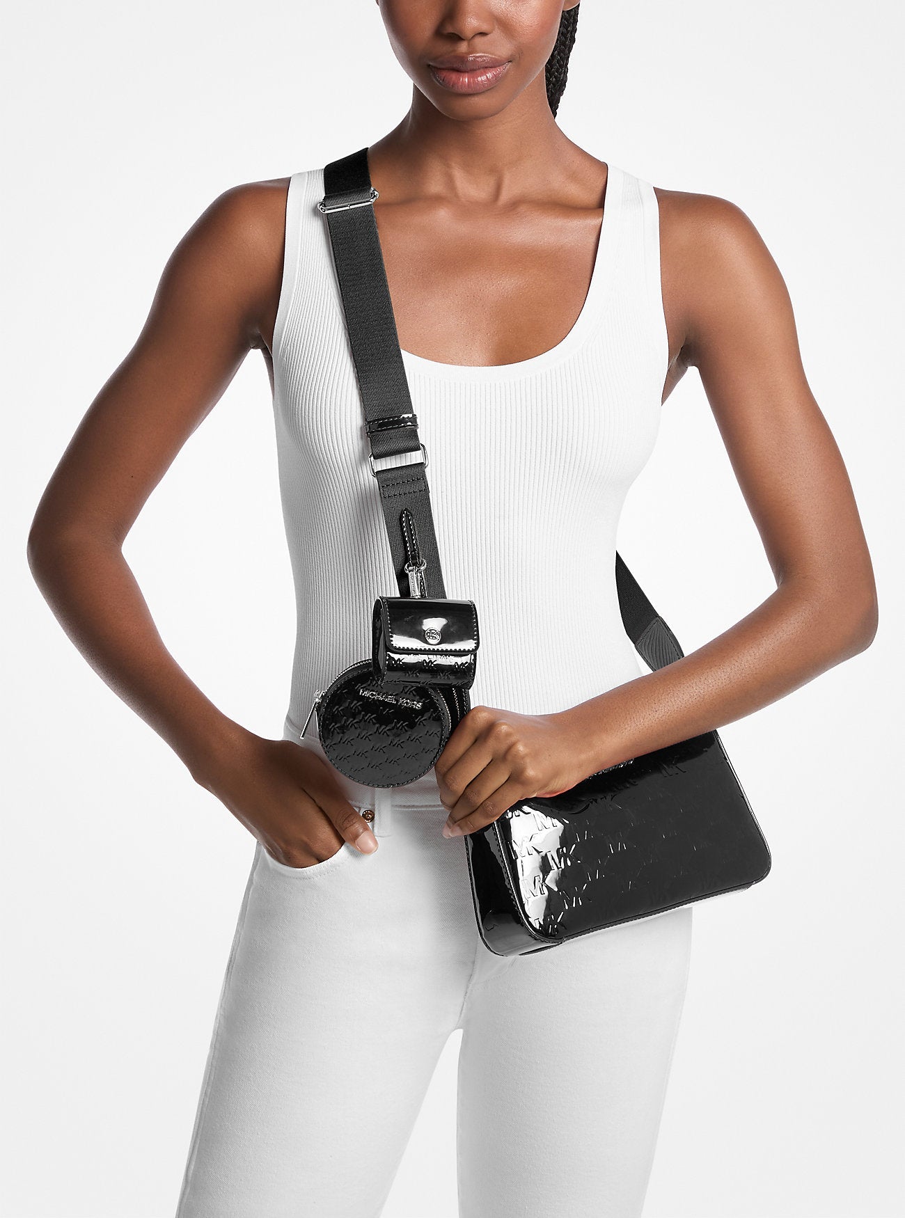 Jet Set Small Patent Logo Debossed Crossbody Bag with Case for Apple Airpods Pro® Black Black