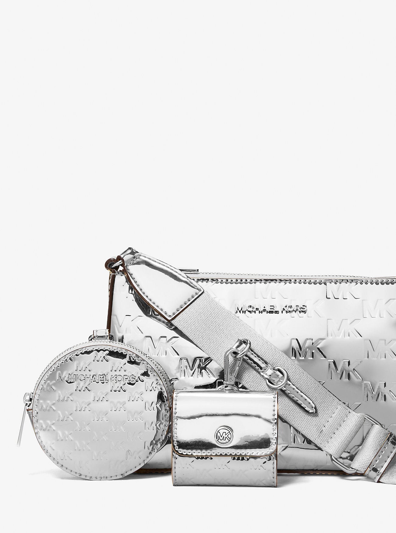 Jet Set Small Patent Logo Debossed Crossbody Bag with Case for Apple Airpods Pro® Silver Silver