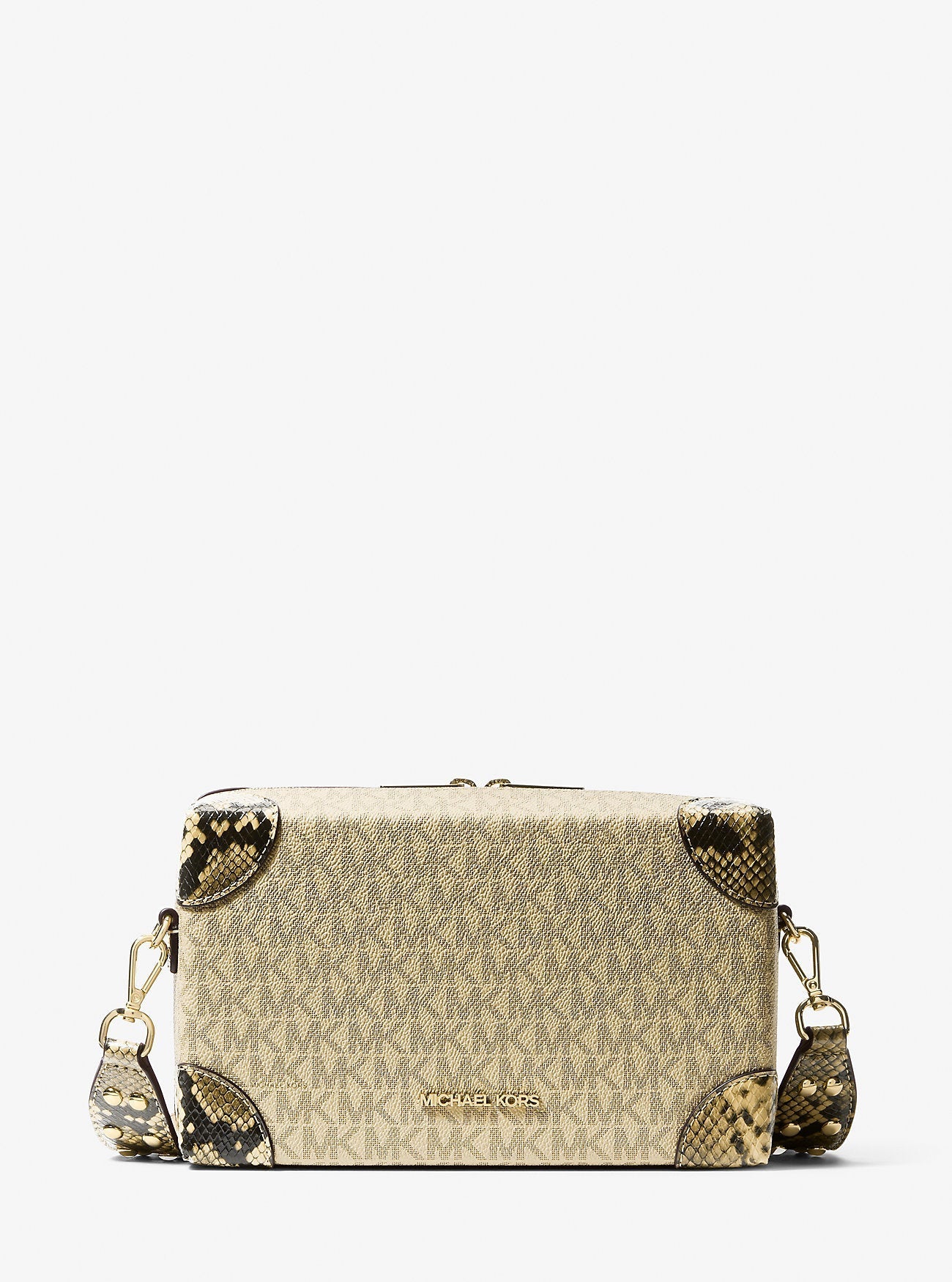 Michael Kors Jeanie Small Metallic Signature Logo and Snake Embossed Trunk Crossbody Bag Pale Gold