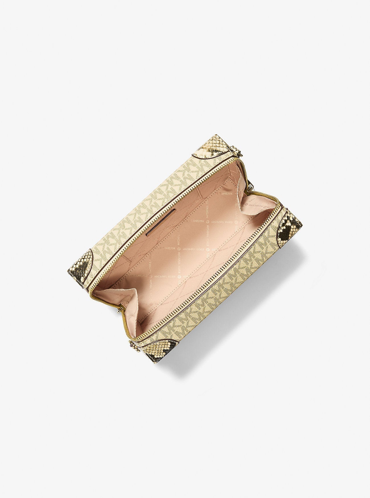 Michael Kors Jeanie Small Metallic Signature Logo and Snake Embossed Trunk Crossbody Bag Pale Gold