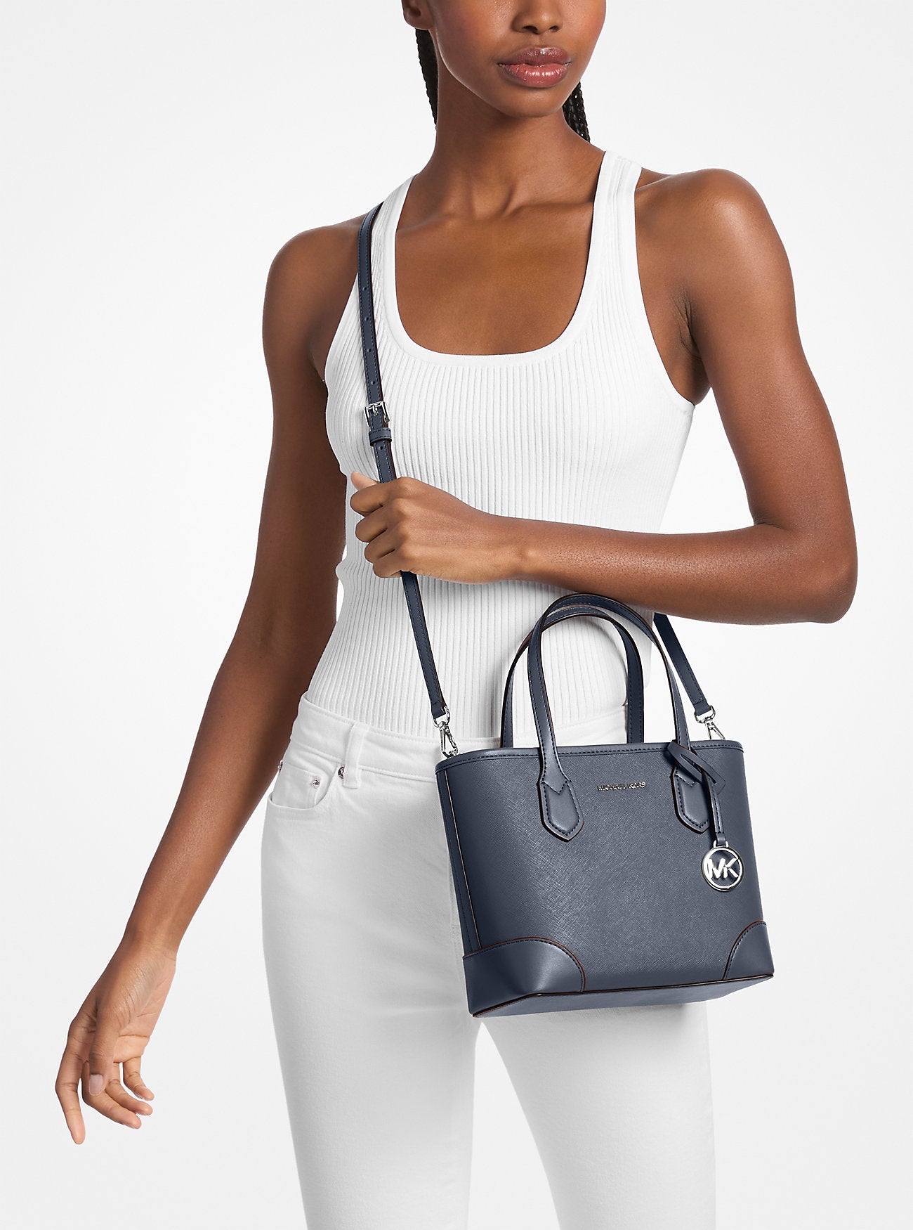 Eva Extra-Small Saffiano Leather Convertible Tote Bag Navy Navy