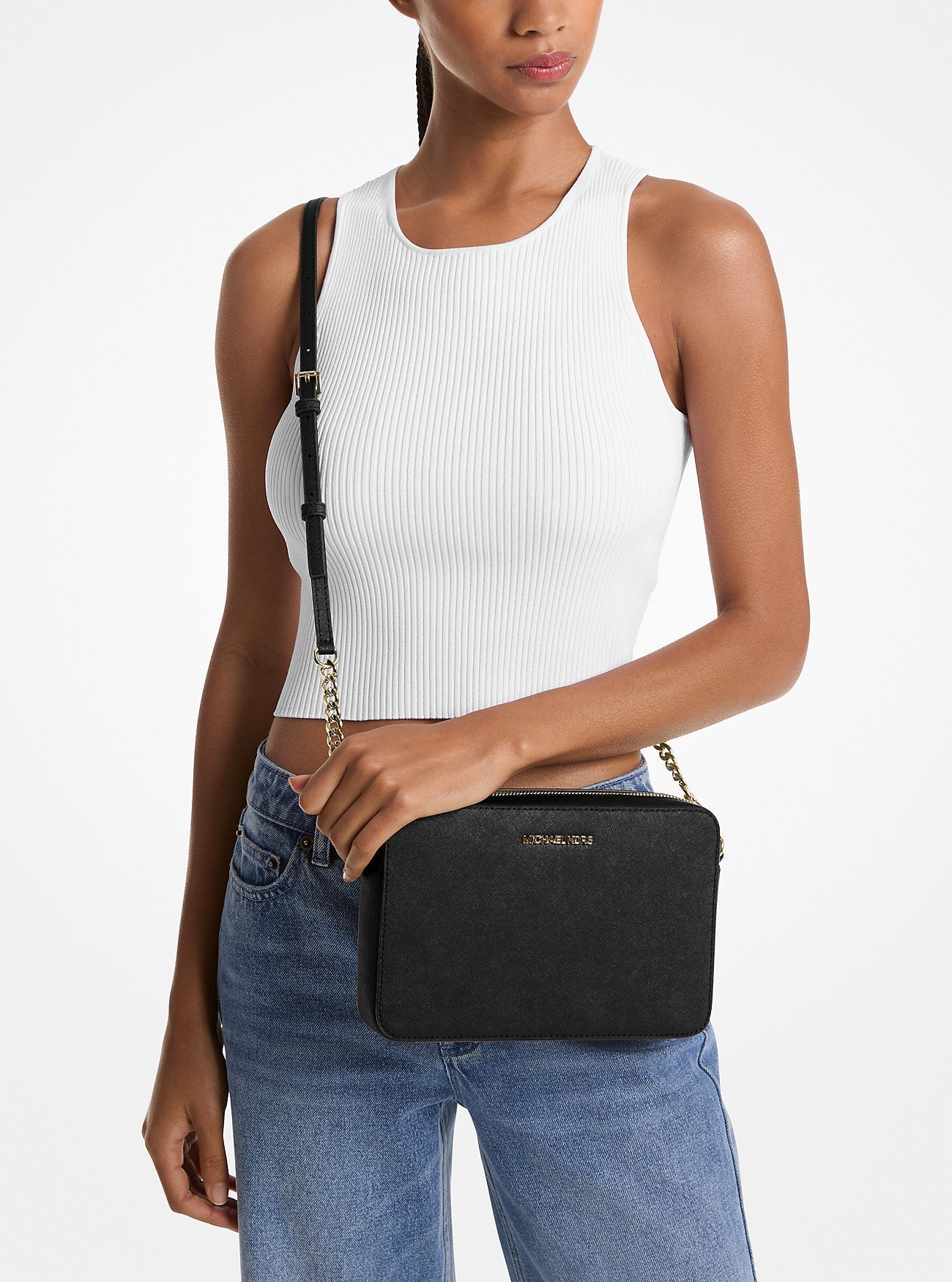 Jet Set Large Saffiano Leather Crossbody Bag Black Black