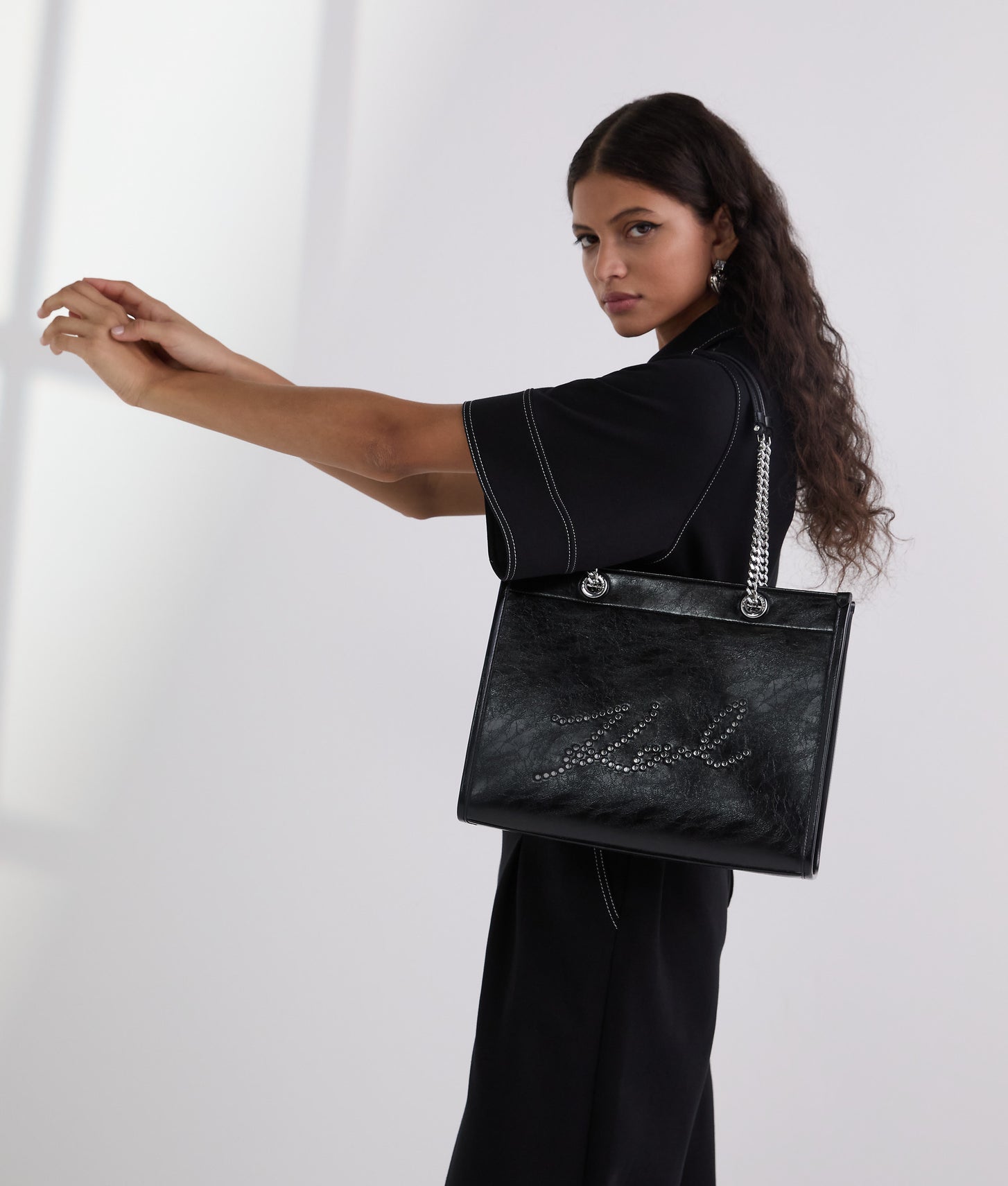 KarlLagerfeld Kskuare Medium Studded Tote Bag Black-Nickel