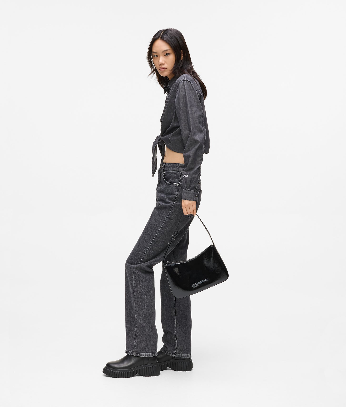 KarlLagerfeld Logo Shiny Shoulder Bag Black