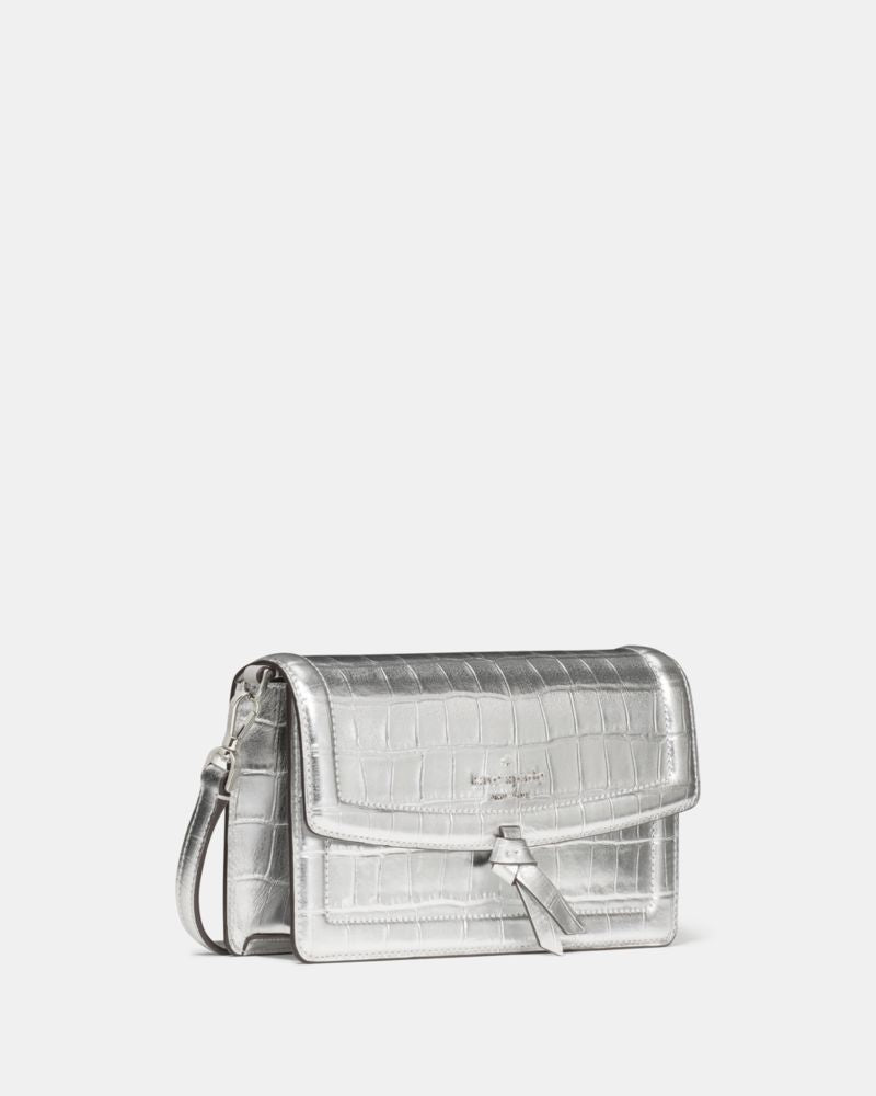 KateSpade Knott Croc Embossed Mini Flap Crossbody Silver