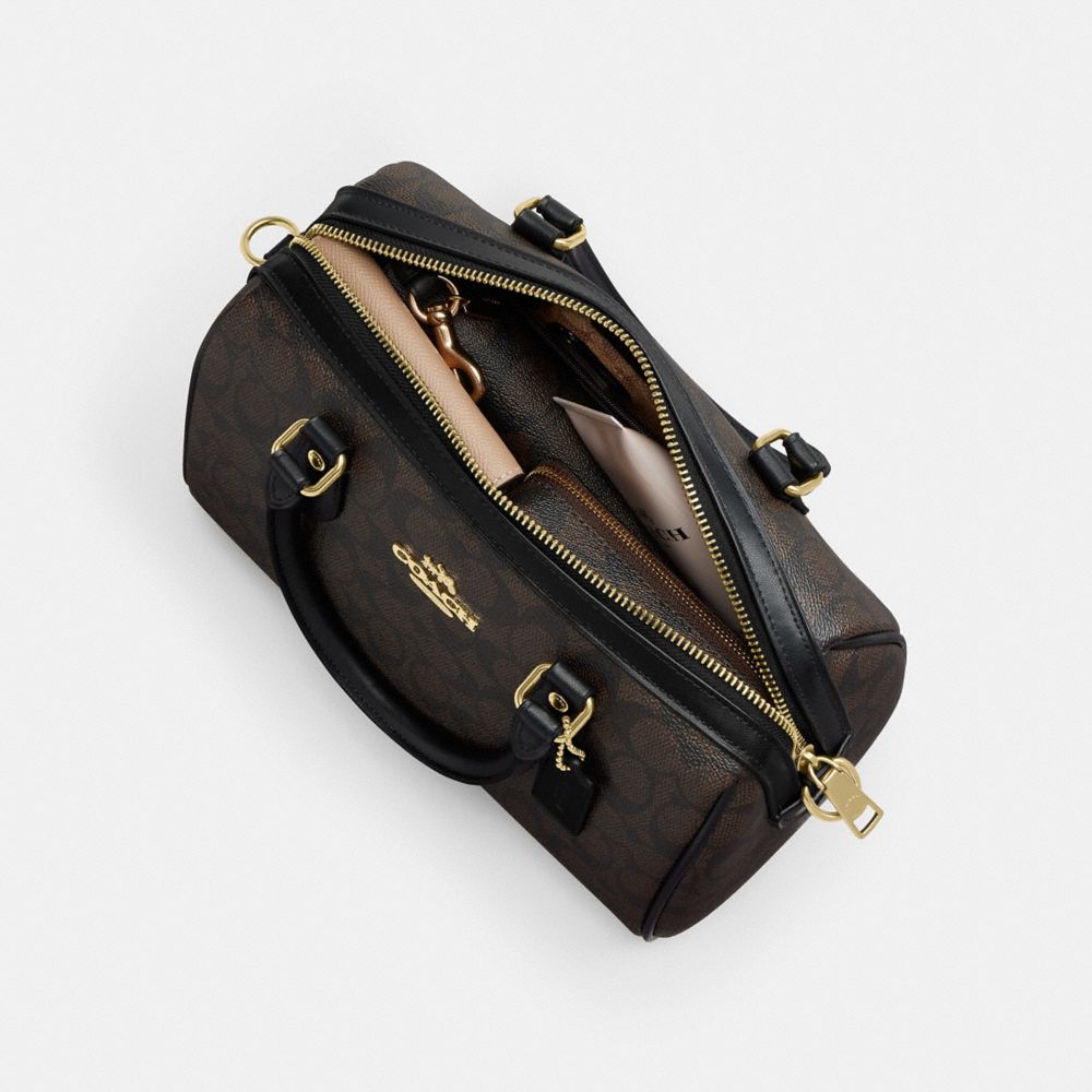Coach Rowan Satchel Bag In Signature Canvas Gold Walnut Black