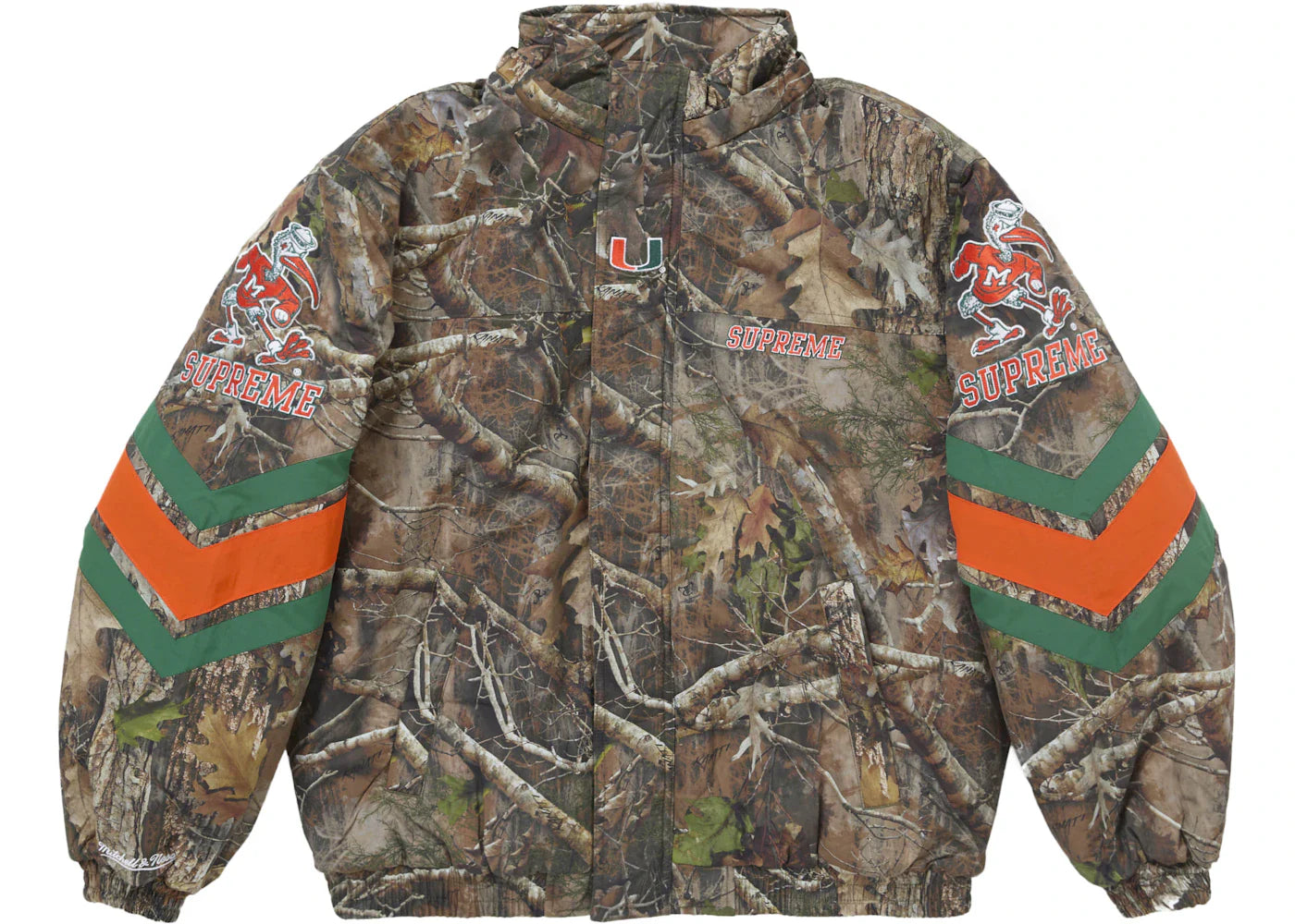 supreme mitchell & ness ncaa hooded stadium jacket woodland camo