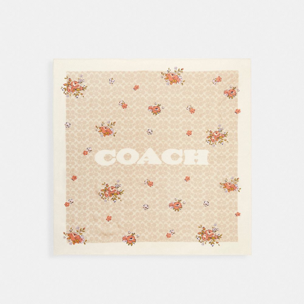 Coach Signature Spring Blossom Print Silk Square Scarf Sand Pink