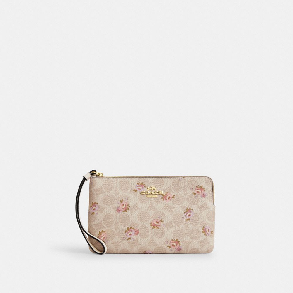 Coach Large Corner Zip Wristlet In Signature Canvas Gold Sand Multi