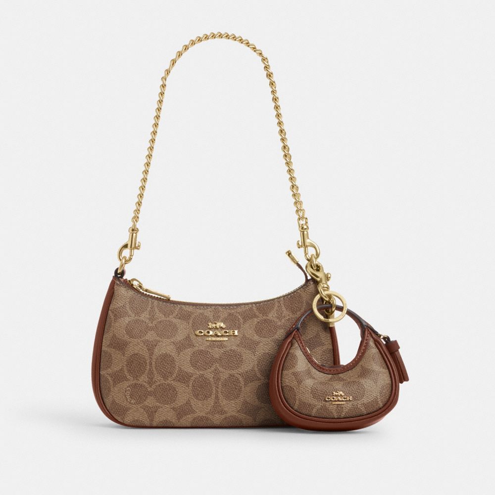 Coach Mini Carmen Bag Charm In Signature Canvas Gold Tan Brown