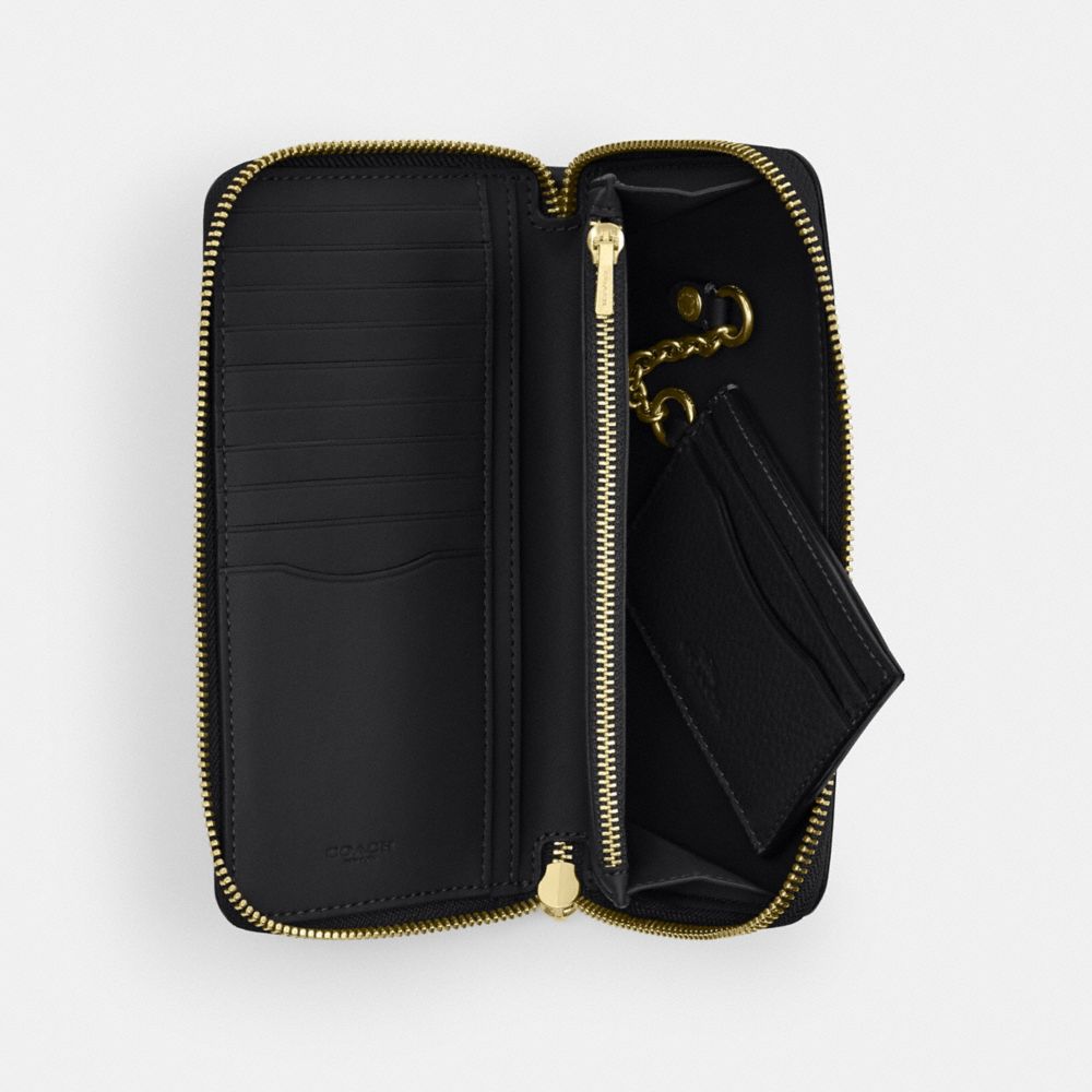 Coach Long Zip Around Wallet With Detachable Card Case Gold Black