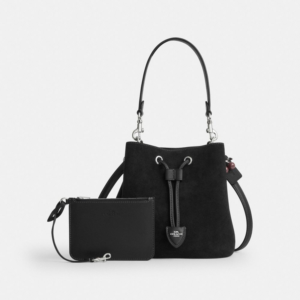 Coach Rowan Bucket Bag With Cherry Charm Silver Black