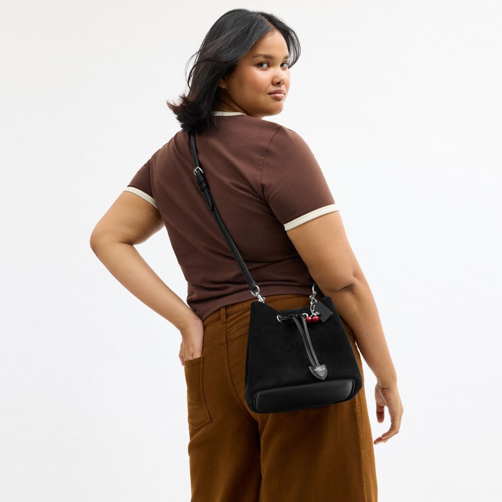 Coach Rowan Bucket Bag With Cherry Charm Silver Black
