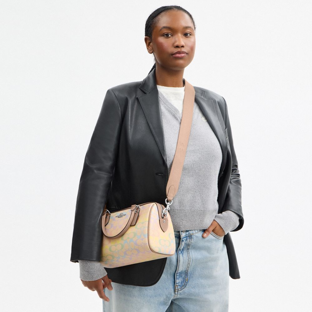 Coach Rowan Satchel Bag In Rainbow Signature Canvas Silver
