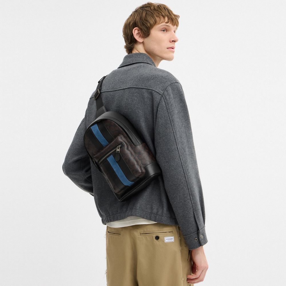 Coach West Pack In Signature Canvas With Varsity Stripe Gunmetal