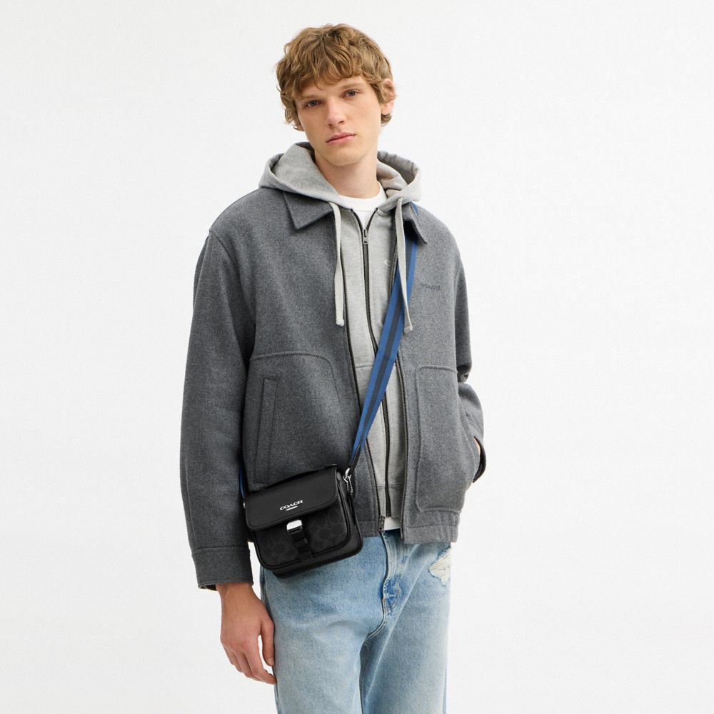 Coach Racer Crossbody Bag In Signature Canvas With Varsity Stripe Webbing Silver Black Multi