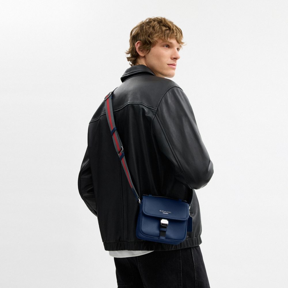 Coach Racer Crossbody Bag With Varsity Stripe Webbing Silver Deep Blue Multi