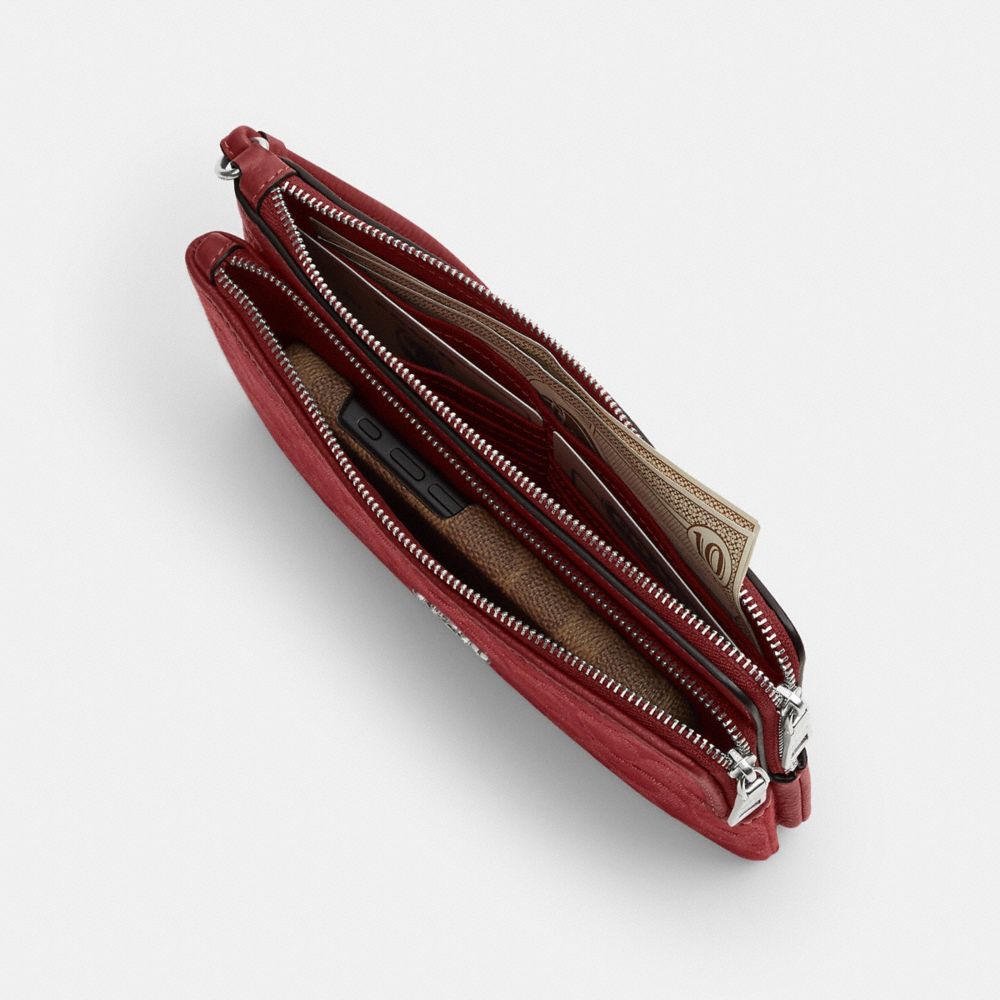 Coach Double Zip Wallet In Signature Denim Silver True Red