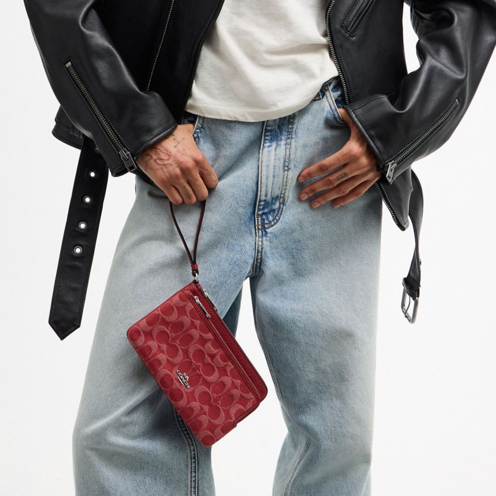 Coach Double Zip Wallet In Signature Denim Silver True Red