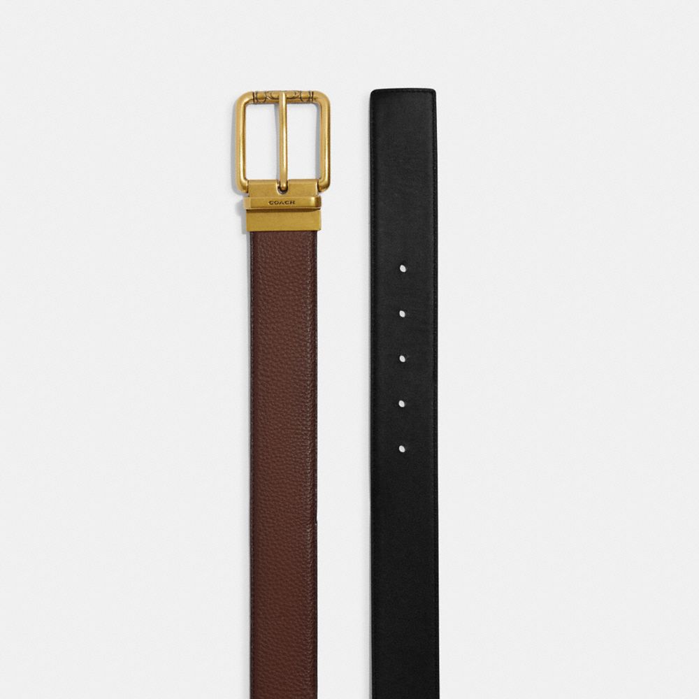 Coach Square Roller Buckle Cut To Size Reversible Belt, 38 Mm Antique Brass Dark Saddle Black