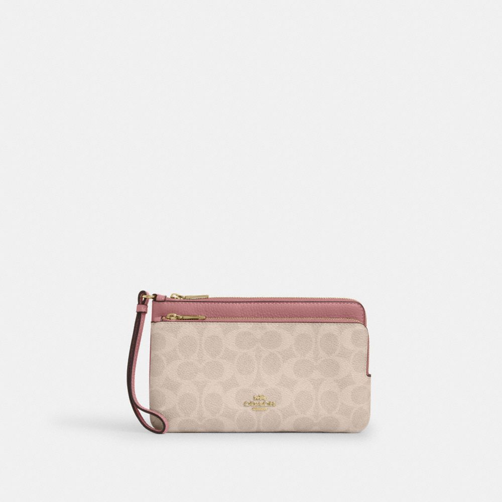 Coach Double Zip Wallet In Signature Canvas Gold Sand Peony