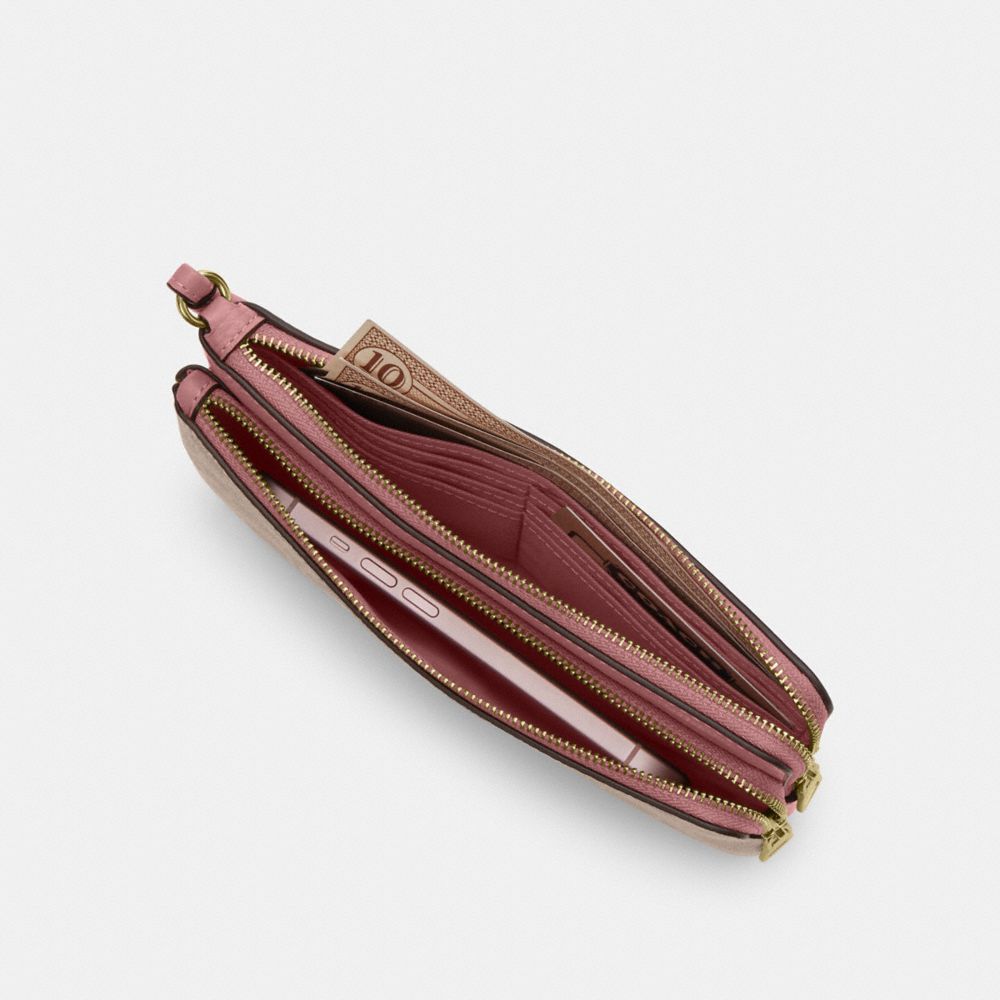 Coach Double Zip Wallet In Signature Canvas Gold Sand Peony
