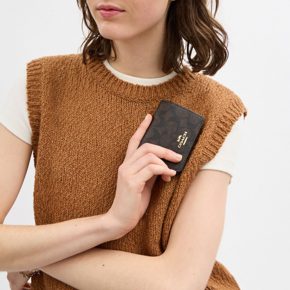 Coach Mini Wallet On A Chain In Signature Canvas Gold Walnut Black