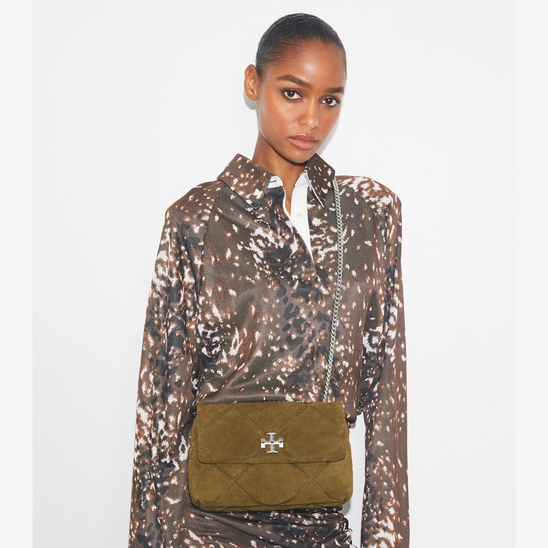 Tory Burch Kira Diamond Quilt Suede Shoulder Bag Deep Olive