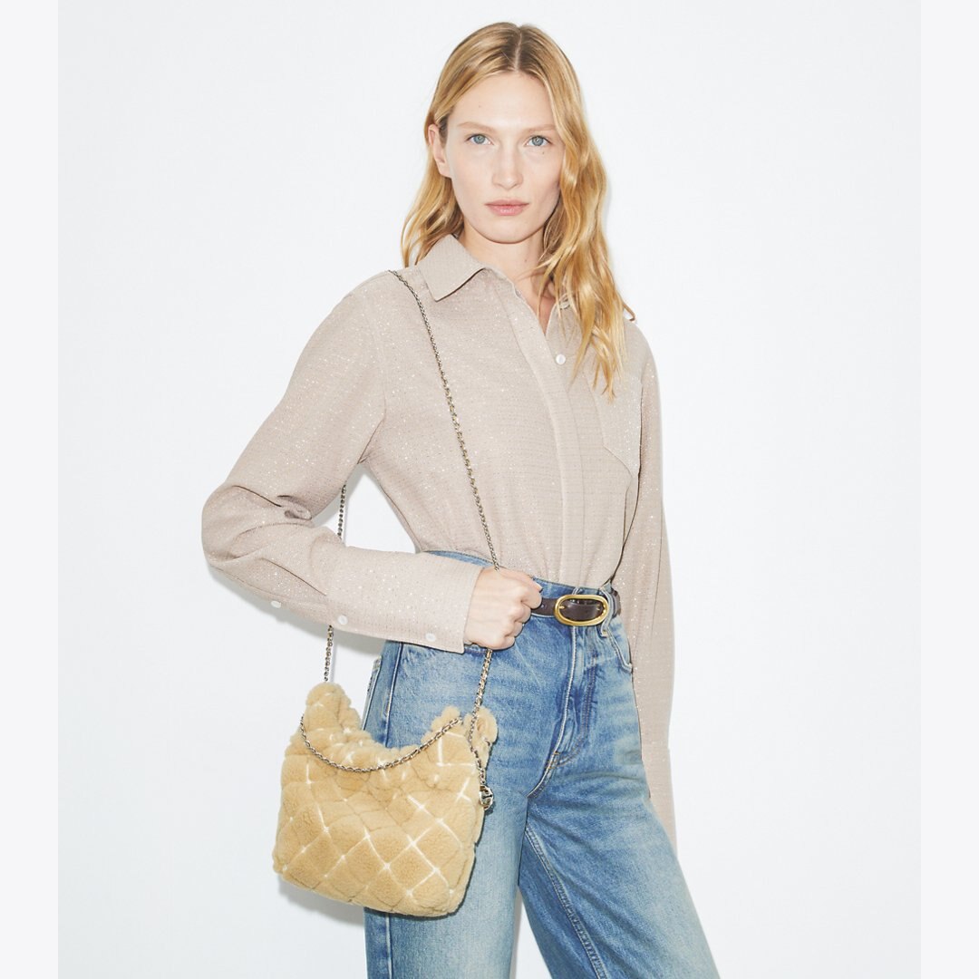Tory Burch Mini Fleming Shearling Hobo Bag Ivory