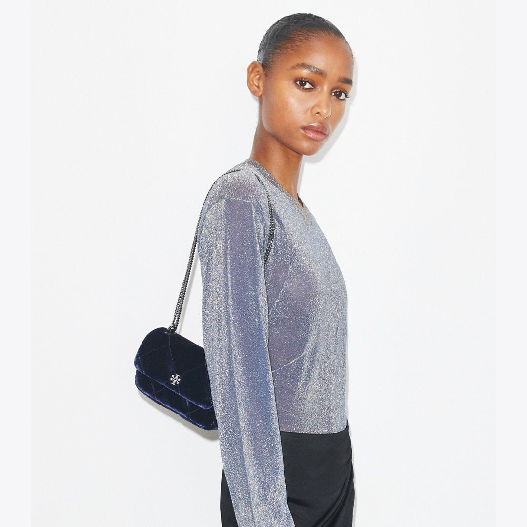 Tory Burch Mini Kira Diamond Quilt Velvet Pav Flap Bag PERFECT NAVY