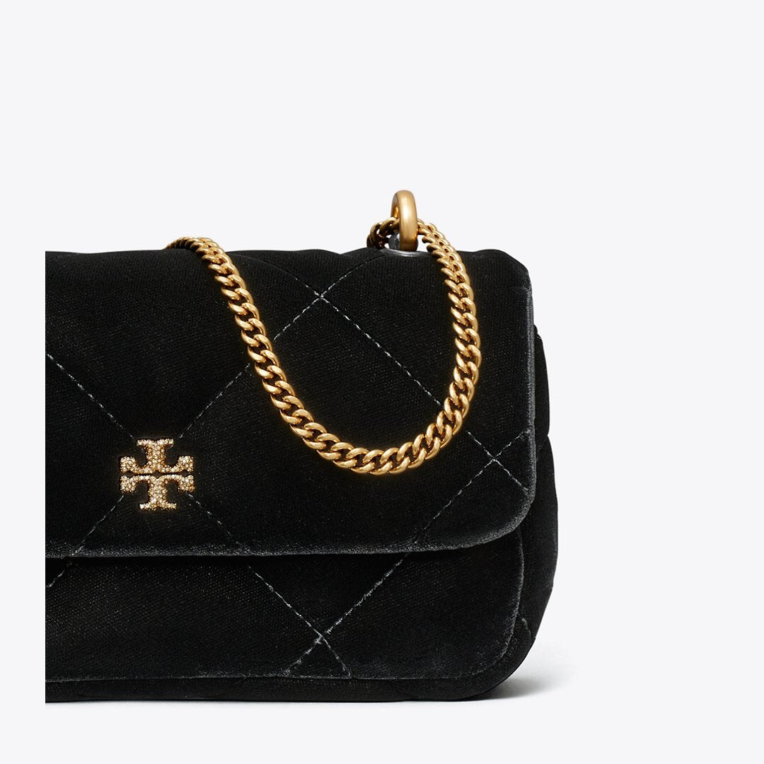 Tory Burch Mini Kira Diamond Quilt Velvet Pav Flap Bag Black