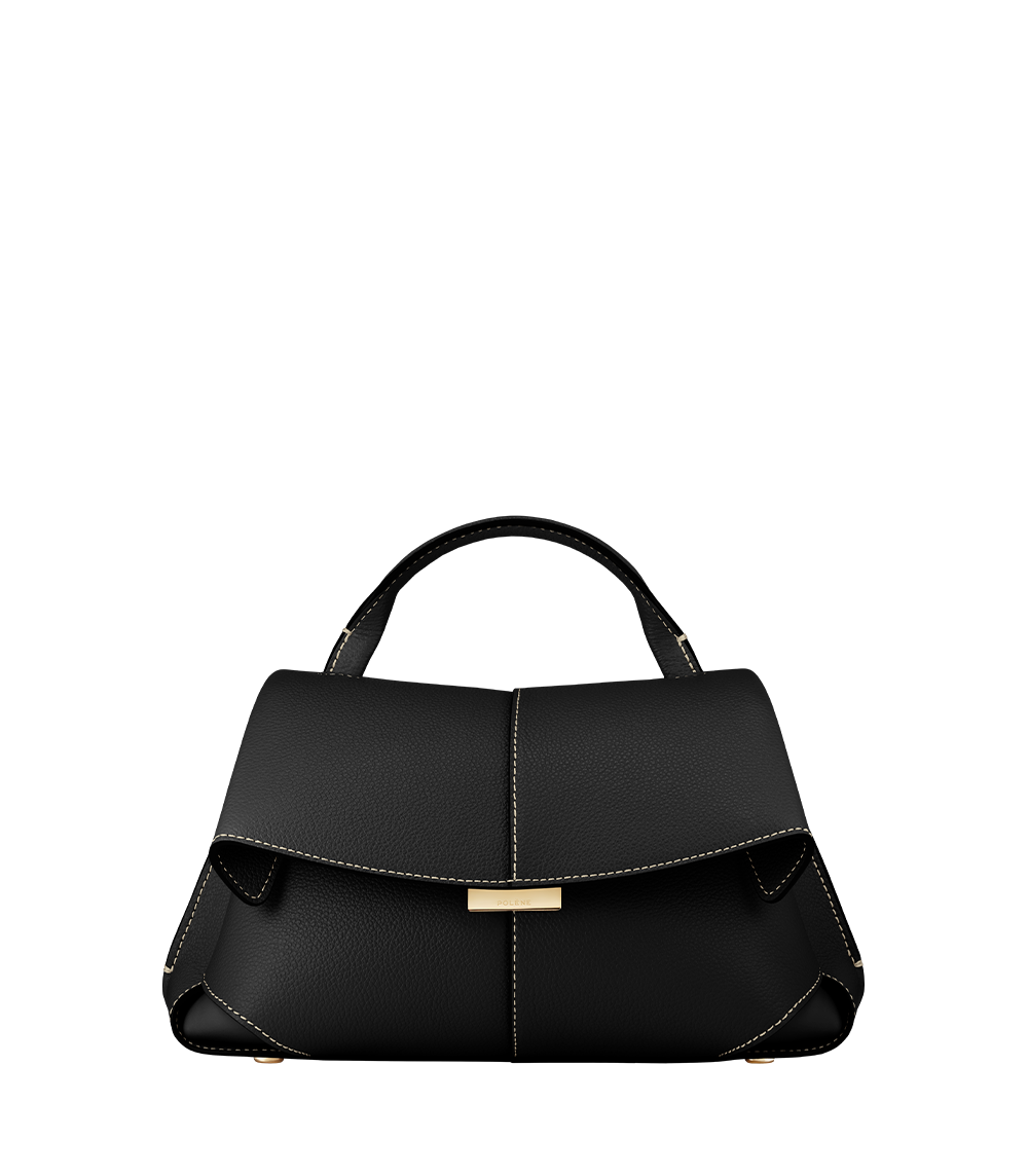 Polene Mokki Mini Textured Black with Ecru Stitching