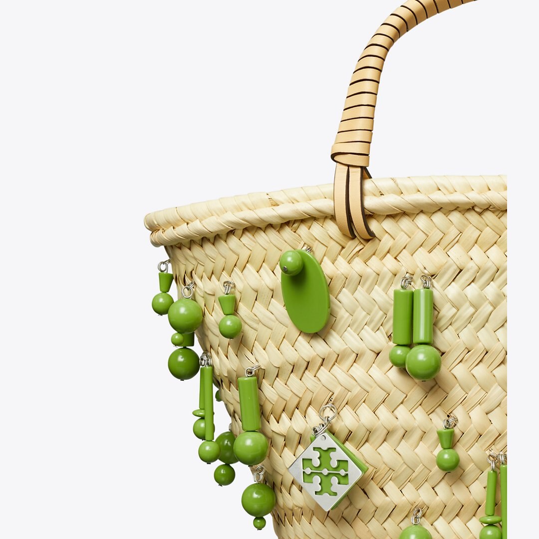 Tory Burch Small Raffia Embroidered Tote Wild Leaves