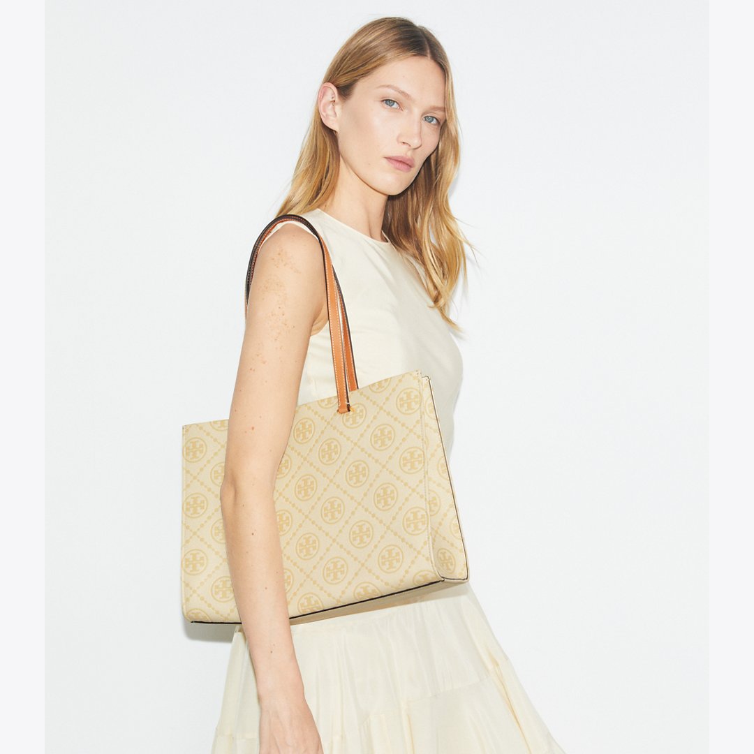 Tory Burch T Monogram Pebbled Tote Biscotti