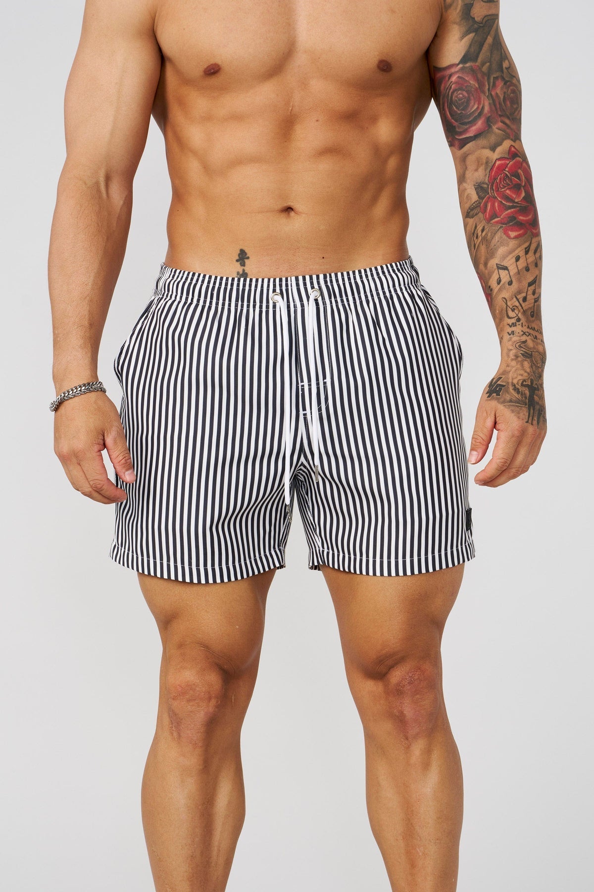 1056 - Striped Swim Shorts Black - Unmatched Kicks-YOUNG LA