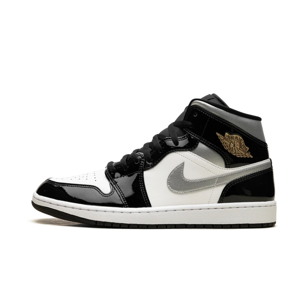 Jordan 1 Mid SE Patent Black White Metallic Silver Metallic Gold