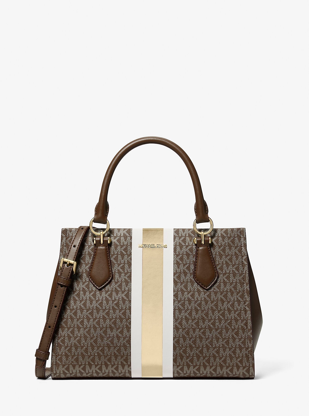 Michael Kors Marilyn Medium Signature Logo Stripe Satchel Brown