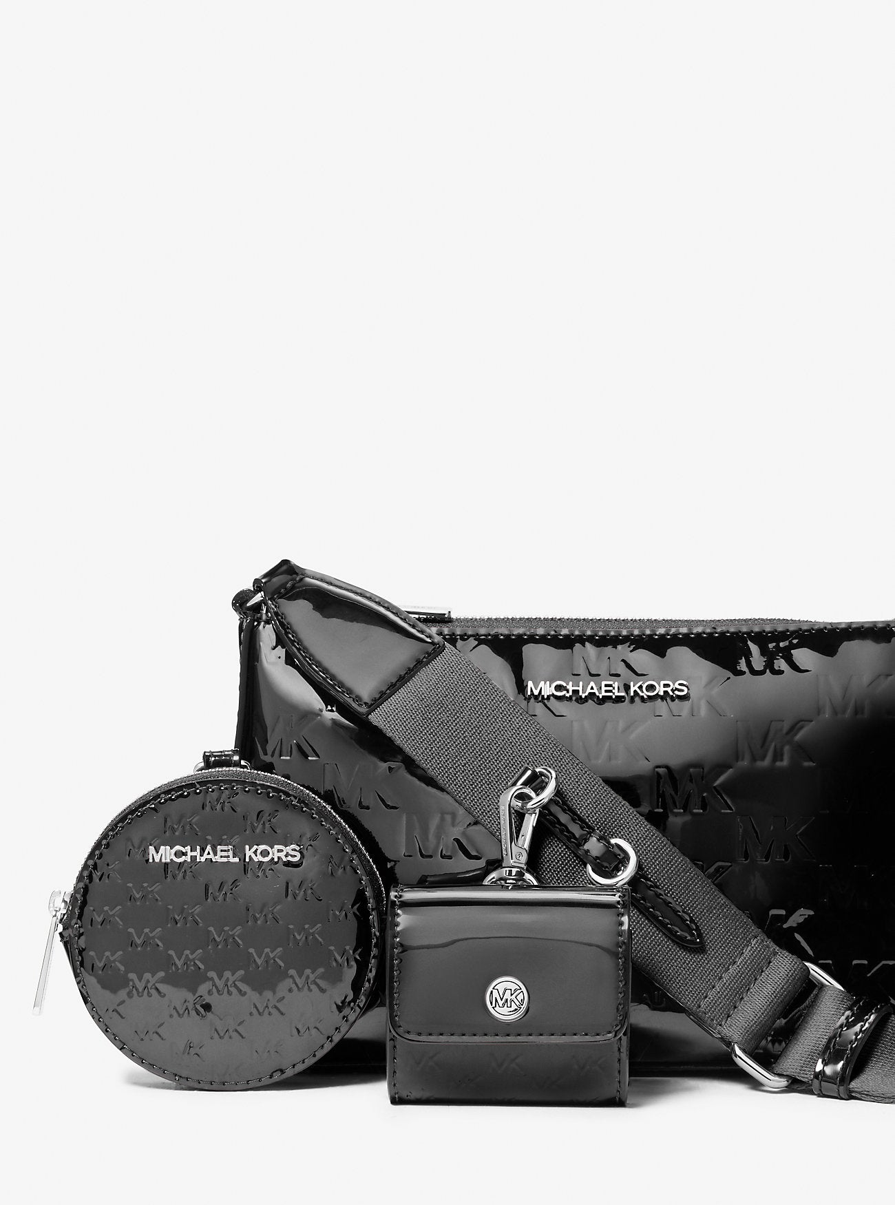 Jet Set Small Patent Logo Debossed Crossbody Bag with Case for Apple Airpods Pro® Black Black