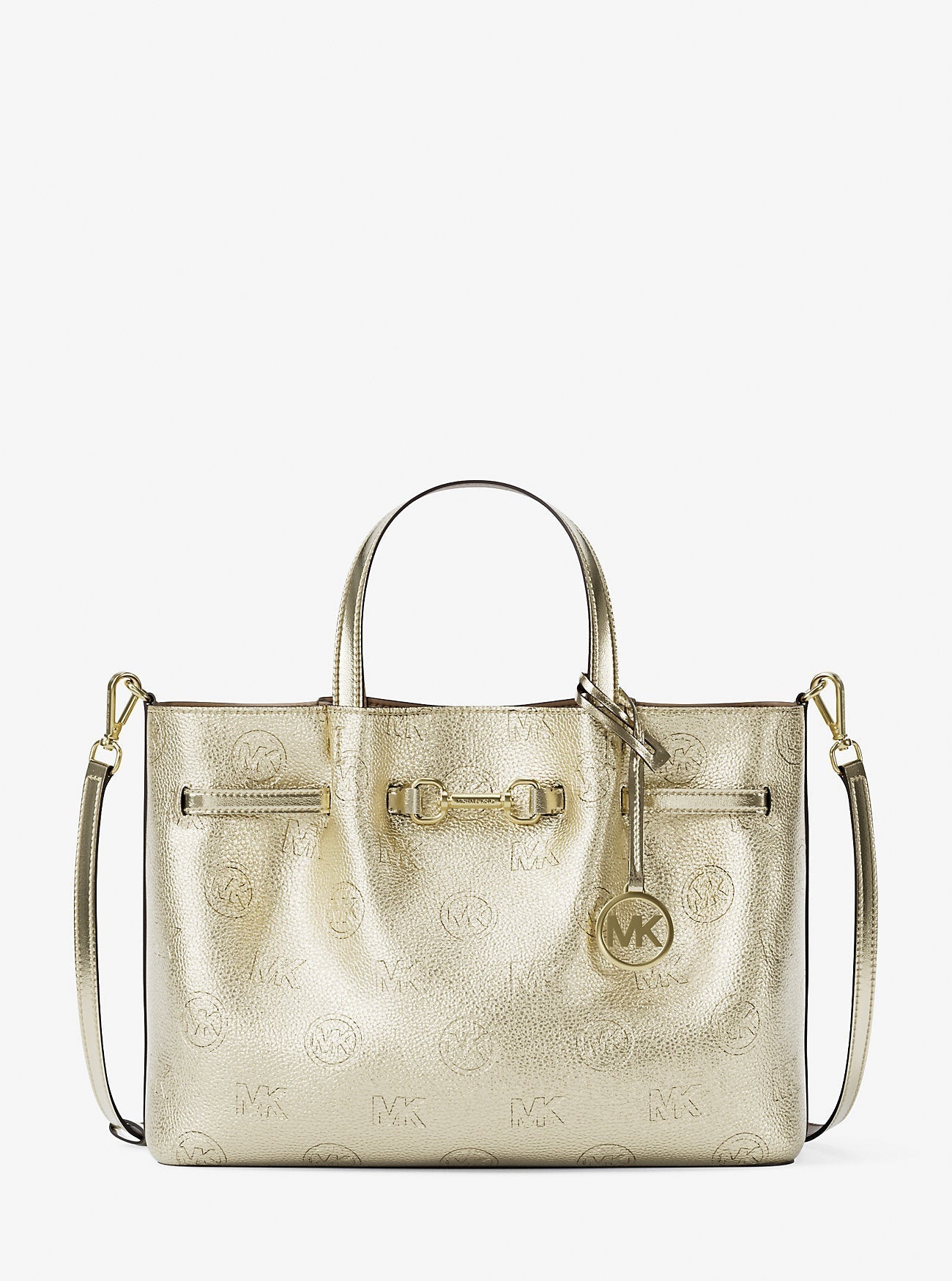 Michael Kors Carson Medium Metallic Logo Debossed Satchel Pale Gold
