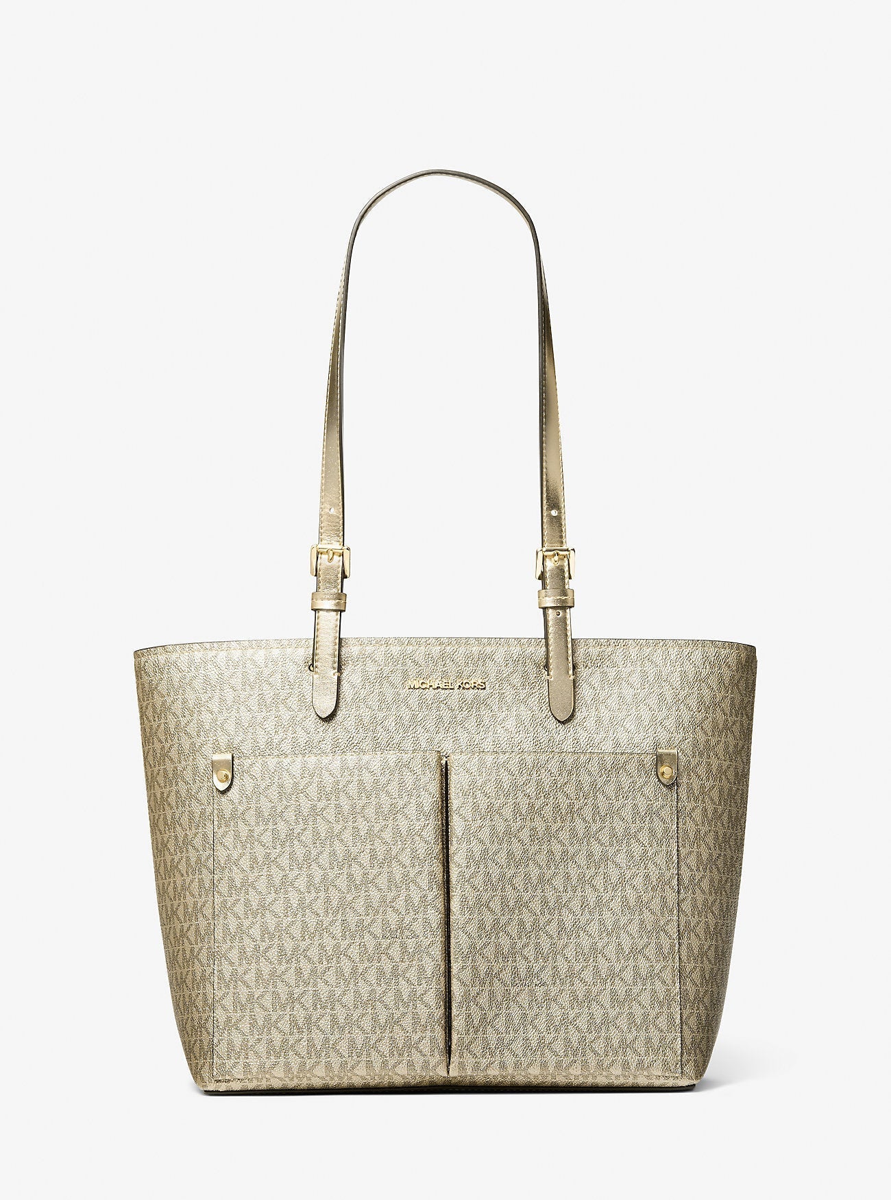 Jet Set Medium Metallic Signature Logo Pocket Tote Bag Pale Gold Pale Gold