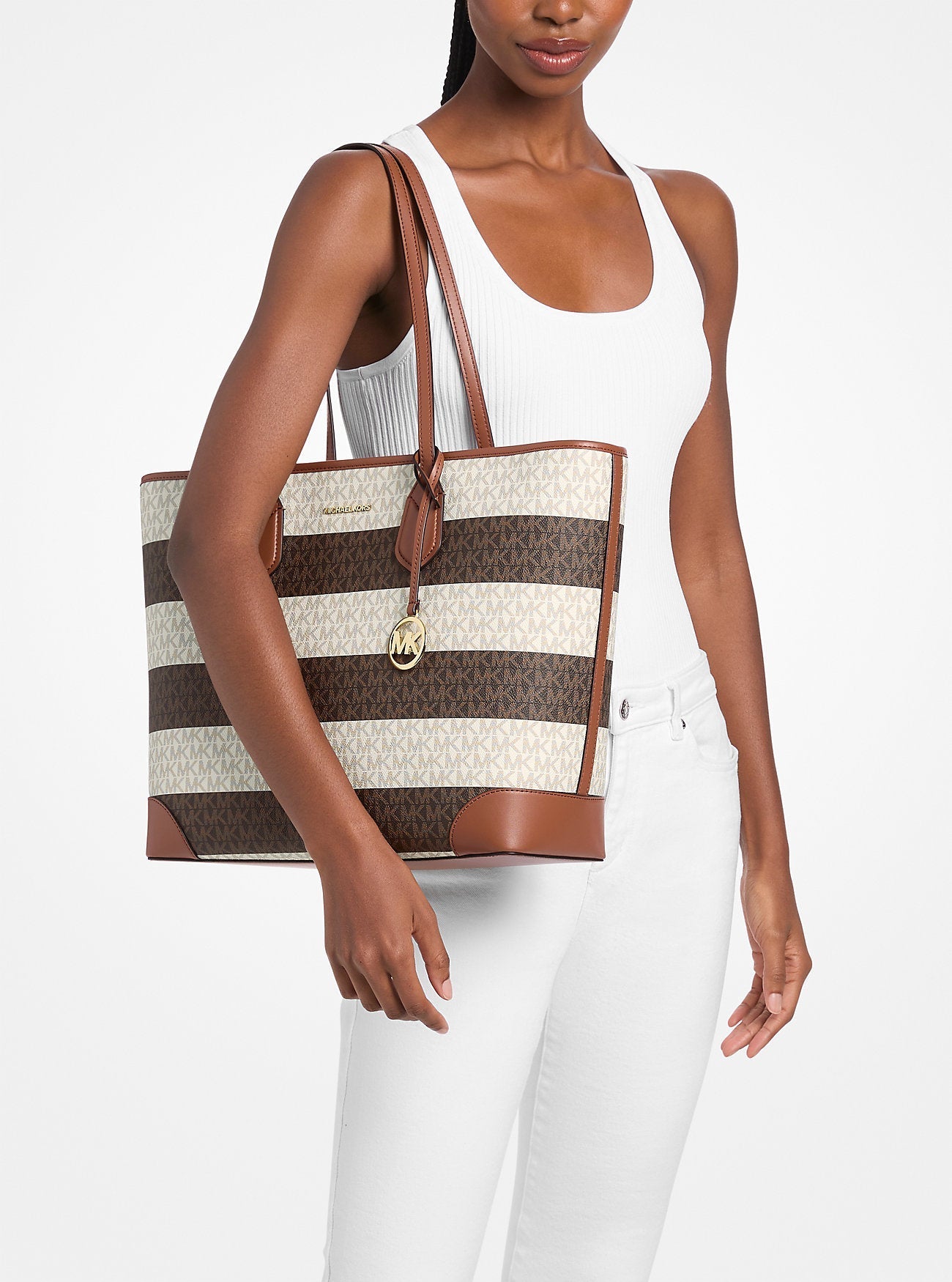 Eva Large Striped Signature Logo Tote Bag Vanilla-Luggage Vanilla-Luggage