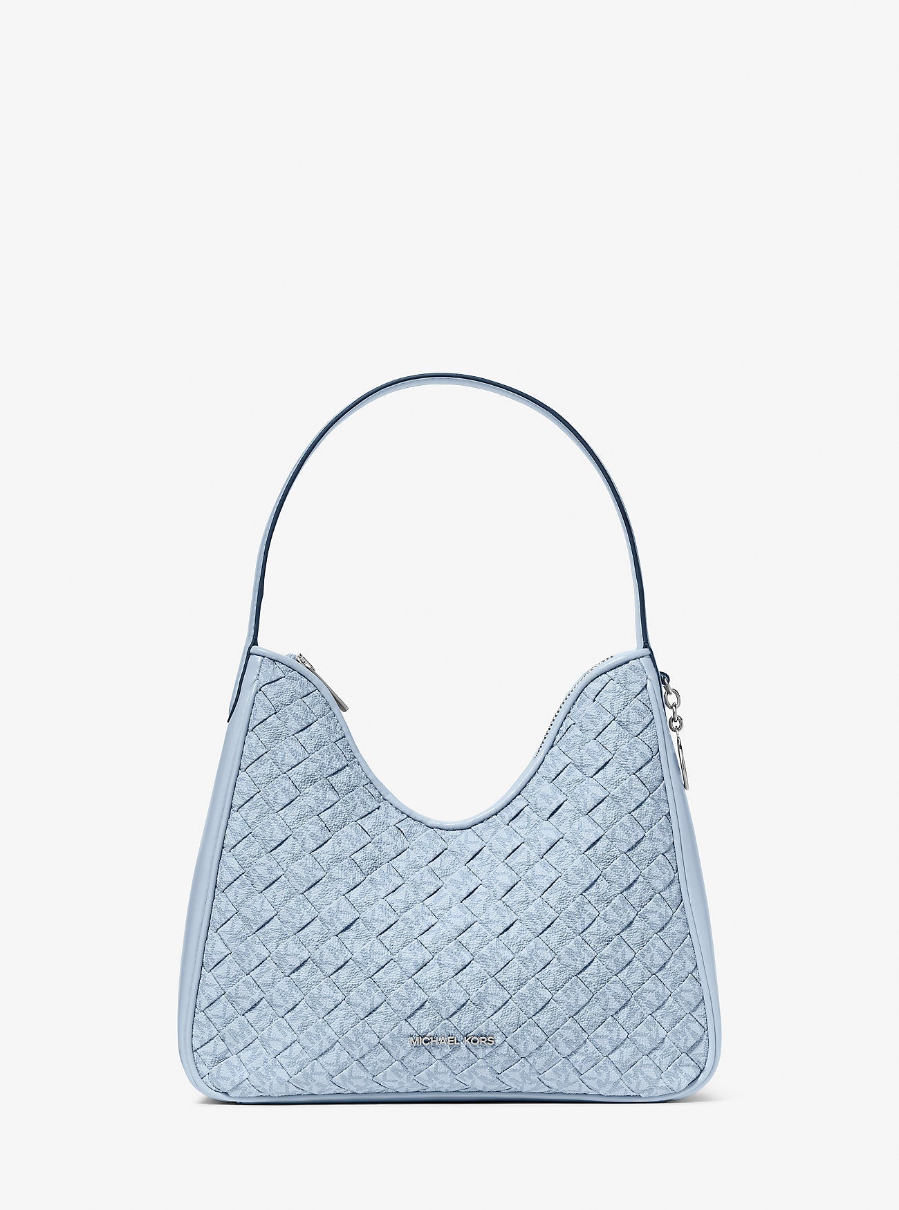 Michael Kors Nayla Small Woven Signature Logo Hobo Shoulder Bag Pale Ocean