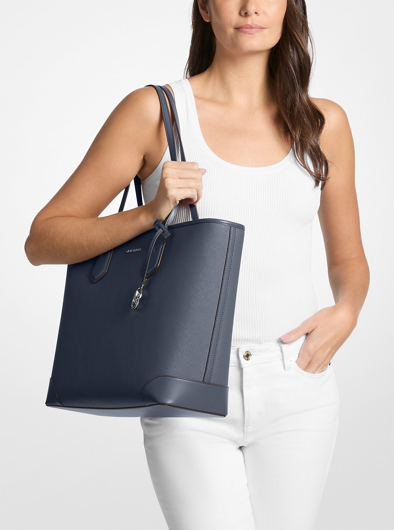 Eva Large Saffiano Leather Tote Bag Navy Navy