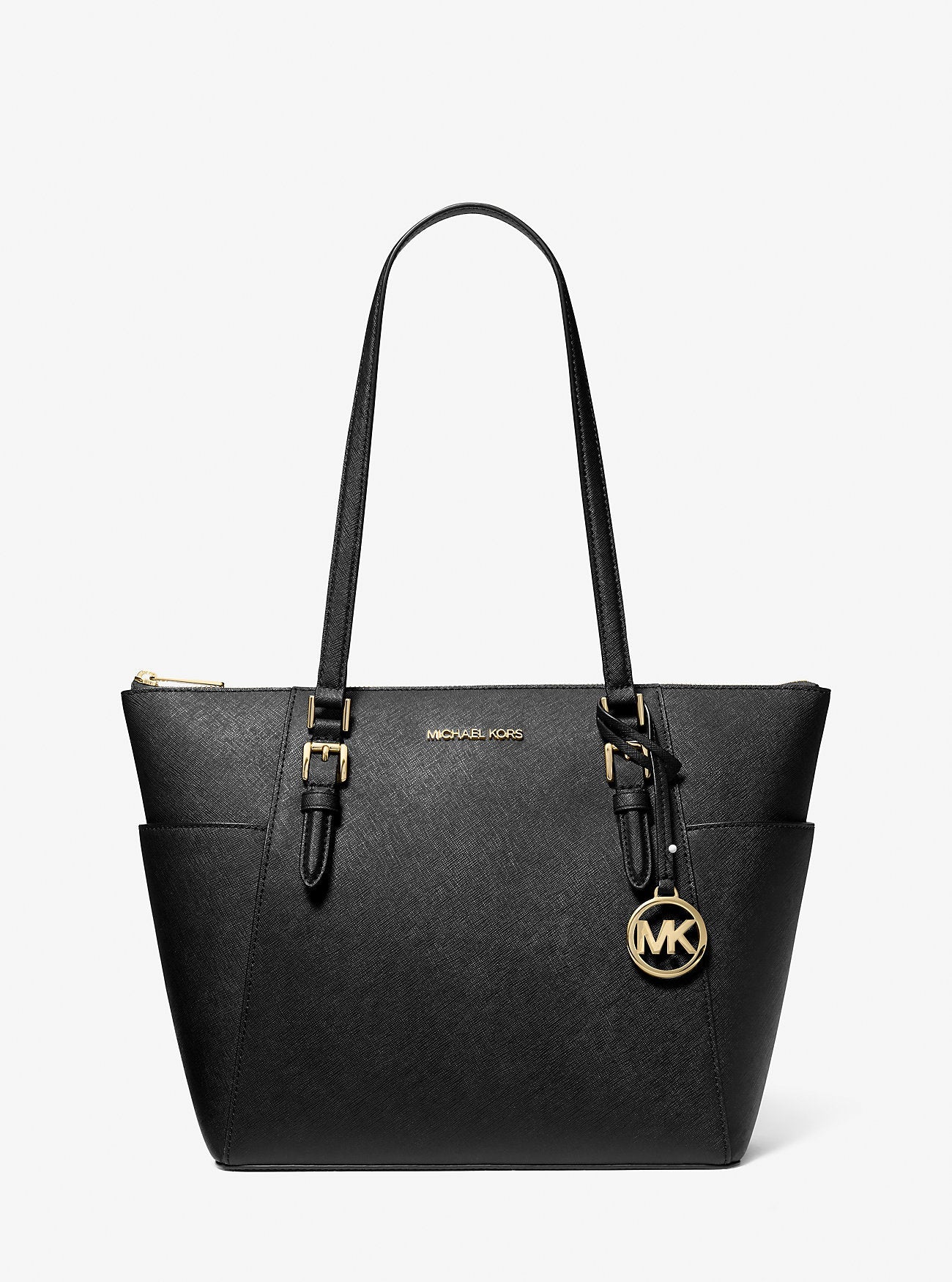 Charlotte Large Saffiano Leather Top-Zip Tote Bag Black Black