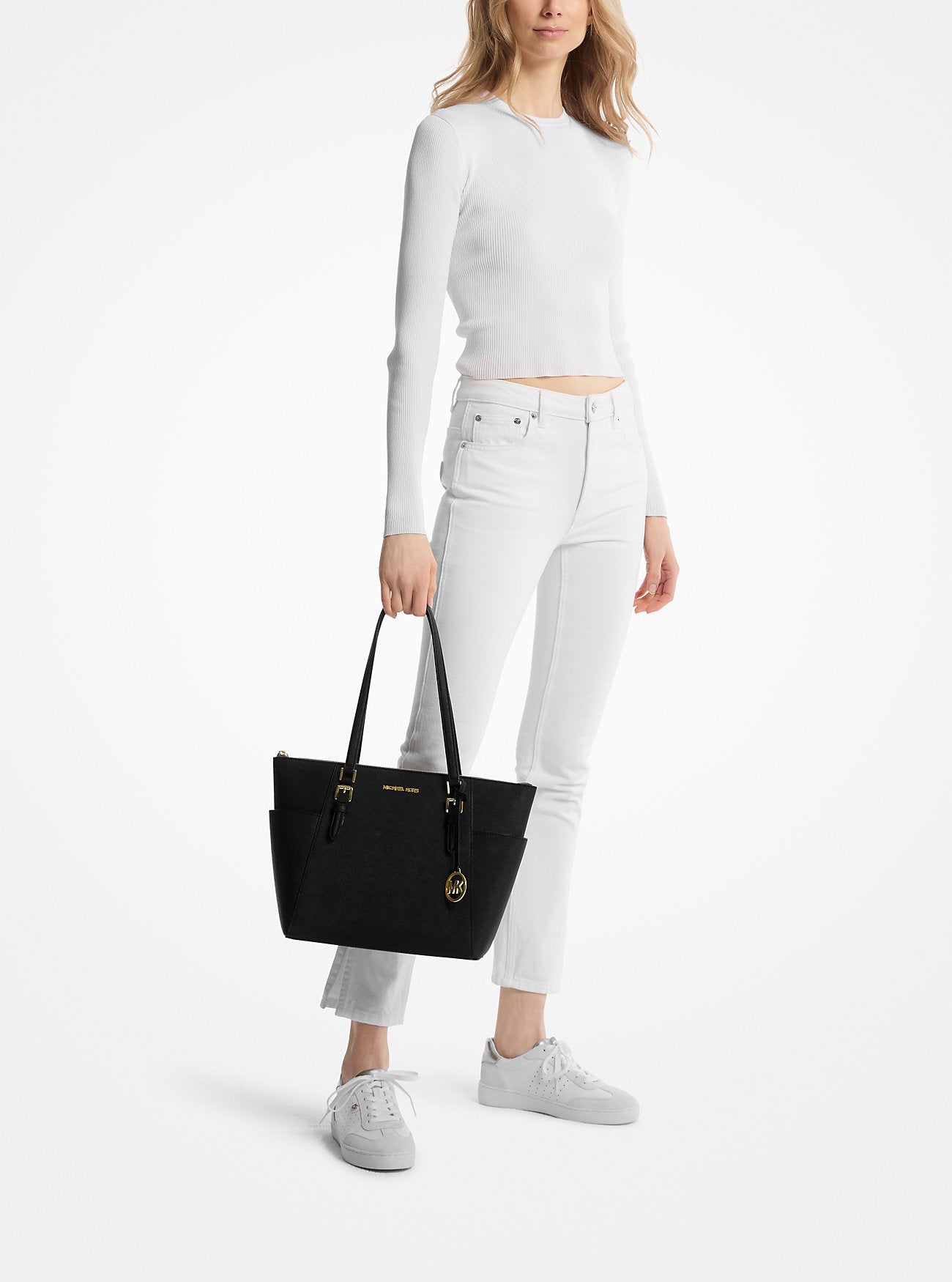 Charlotte Large Saffiano Leather Top-Zip Tote Bag Black Black