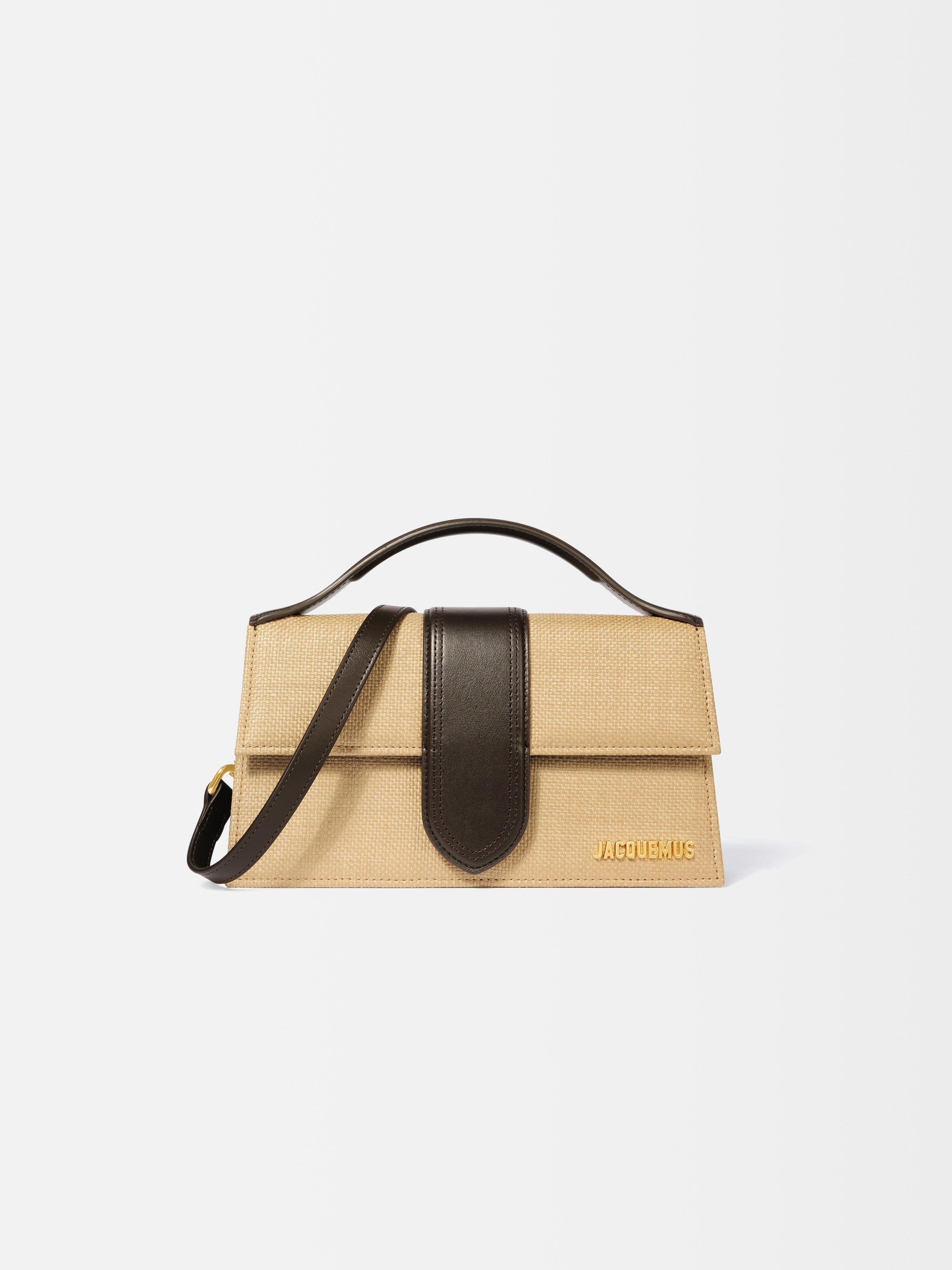 Jacquemus The Large Bambino Structured Bag In Woven Raffia-Effect With Smooth Leather Trim Natural / Dark Brown