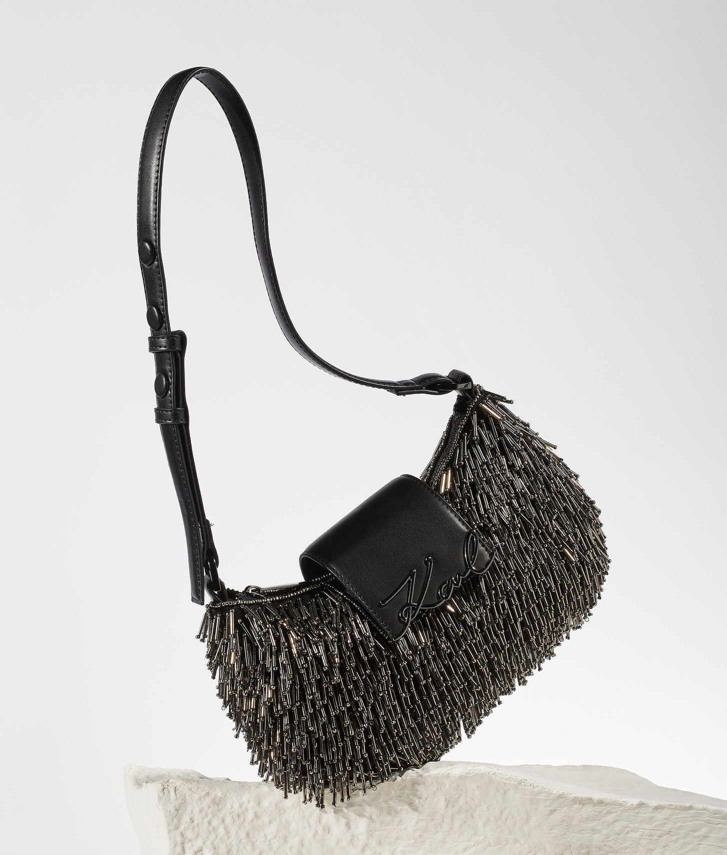 KarlLagerfeld Ksignature Beaded Moon Bag Black Embellishment