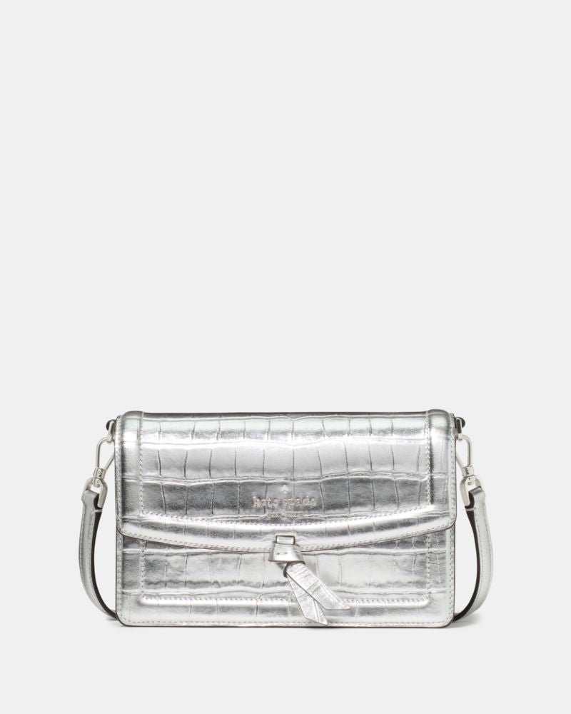 KateSpade Knott Croc Embossed Mini Flap Crossbody Silver