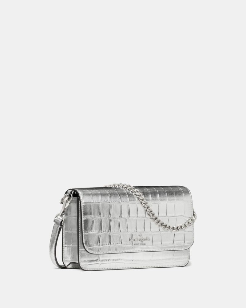 KateSpade Madison Croc Embossed Willow Mini Flap Crossbody Silver